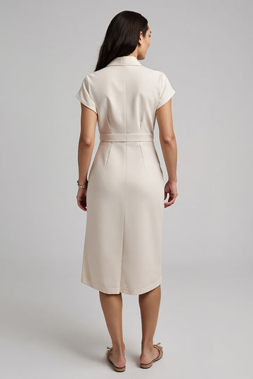 Apricot Bodycon Satin Midi Work Dress with Sleeves
